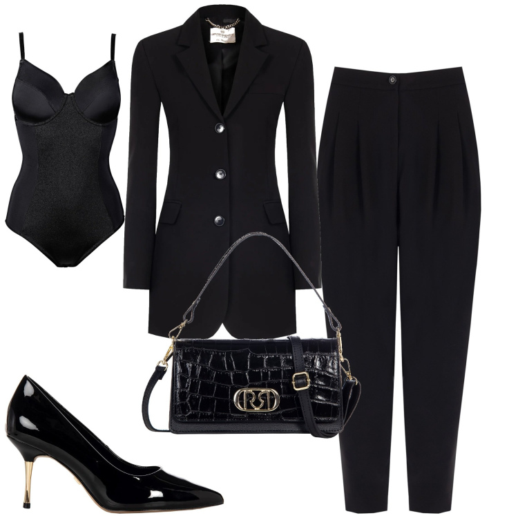 Outfit donna - Serata. Stile Chic per Serata fuori. Abbinamento con body, blazer, pantaloni, décolleté, borse a tracolla.