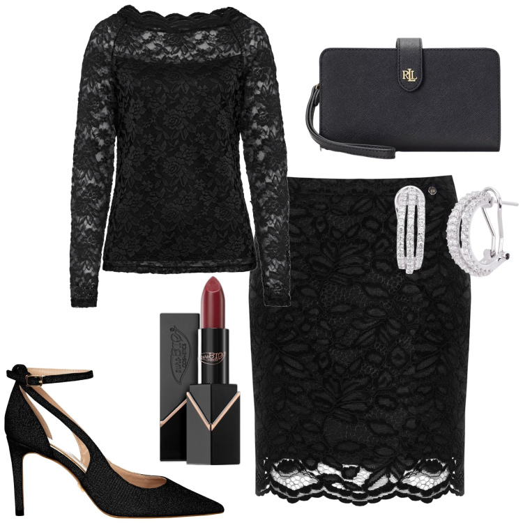 Outfit donna - Serata. Stile Chic per Serata fuori. Abbinamento con maglieria, rossetti, orecchini, minigonne, décolleté, pochette.