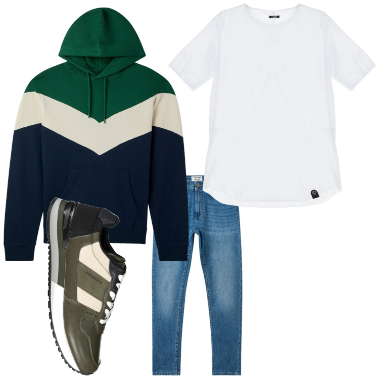 Outfit uomo - Felpa e jeans. Stile Casual Abbinamento con felpe con cappuccio, jeans skinny, t-shirt, sneakers.
