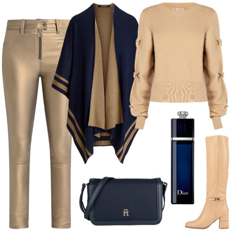 Outfit donna - Maglione marrone con bottoni ricoperti. Stile Chic per Tutti i giorni. Abbinamento con stivali, borse a tracolla, profumi, maglieria, pantaloni skinny, cappe.