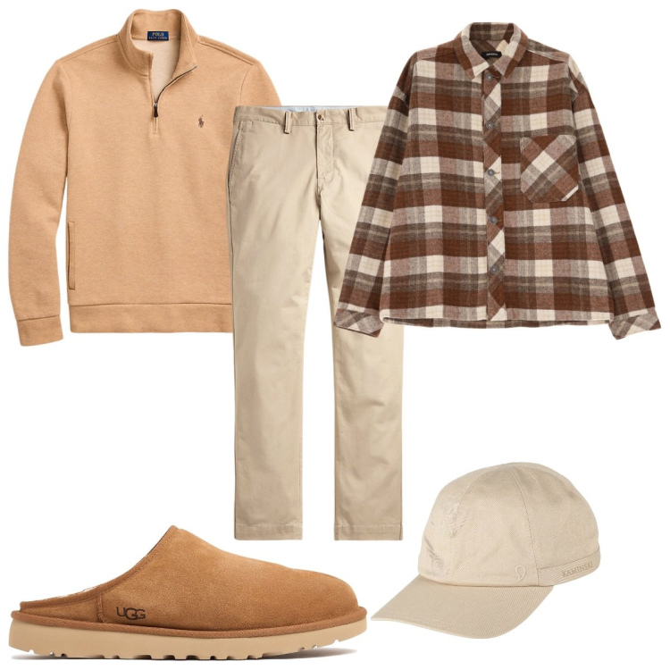 Outfit uomo - Total look #2008935. Stile Casual per Tutti i giorni. Abbinamento con cappelli con visiera, camicie, pantaloni, pullovers, scarpe stringate.