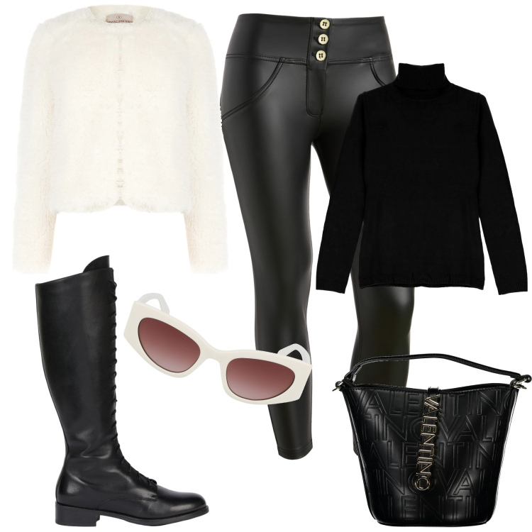 Outfit donna - Black &White. Stile Glamour per Tutti i giorni. Abbinamento con maglieria, cappotti, pantaloni skinny, borse a mano, occhiali da sole, stivali.