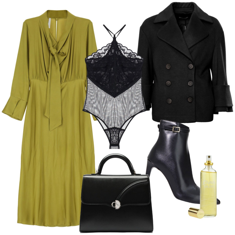 Outfit donna - Super chic con le migliori amiche. Stile Glamour per Serata fuori. Abbinamento con profumi, vestiti midi/longuette, stivaletti, body, cappotti, borse a mano.