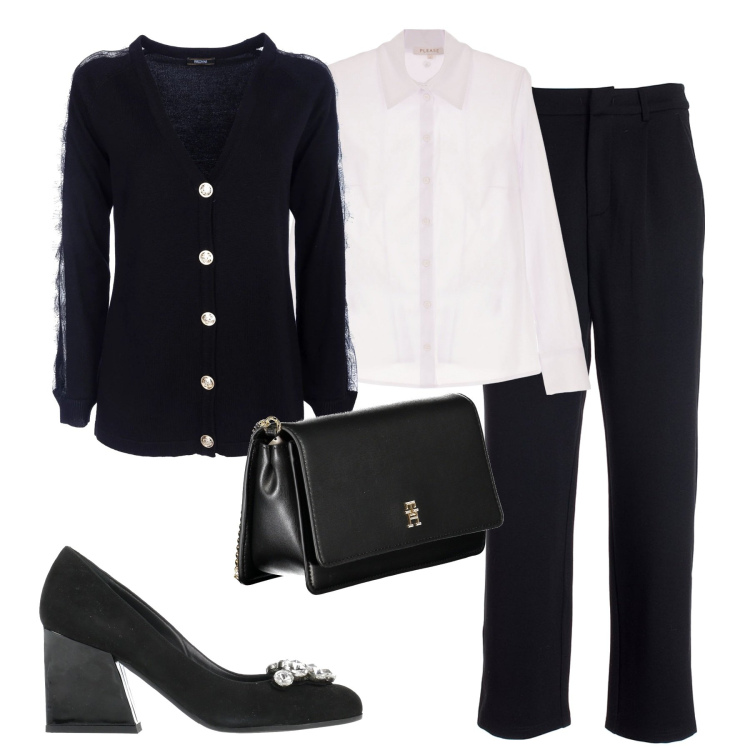 Outfit donna - In ufficio. Stile Bon Ton per Ufficio. Abbinamento con décolleté, camicie, cardigans, pantaloni, borse a tracolla.