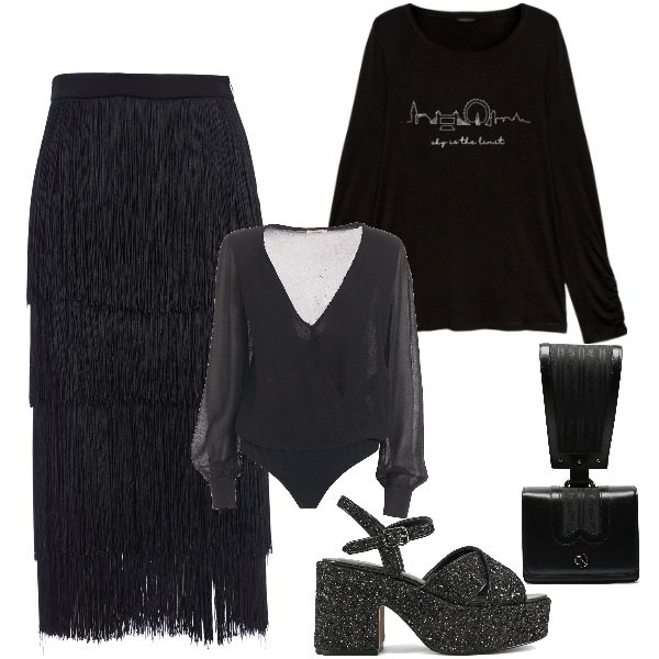 Outfit donna - Total black a novembre. Stile Glamour per Serata fuori. Abbinamento con gonne longuette, body, sandali, borse a mano, t-shirt.