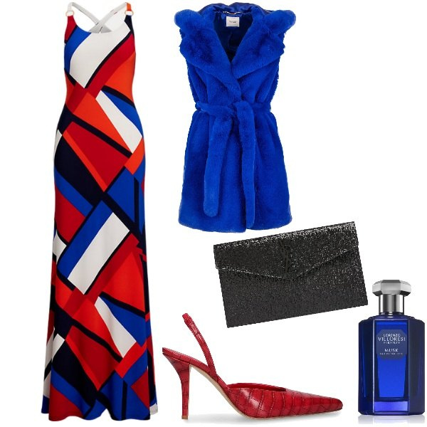 Outfit donna - COme un quadro di MIRO\'. Stile Glamour per Serata fuori. Abbinamento con profumi, gilet, vestiti, décolleté, pochette.