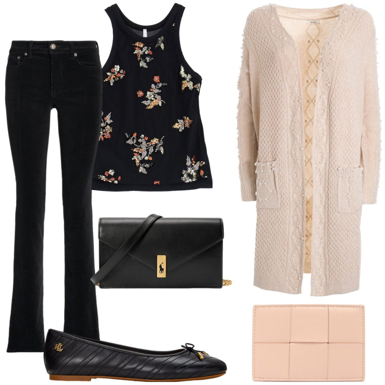 Outfit donna - Total look #2008981. Stile Casual chic per Tutti i giorni. Abbinamento con top, cardigans, pantaloni, clutch, ballerine, portafogli.