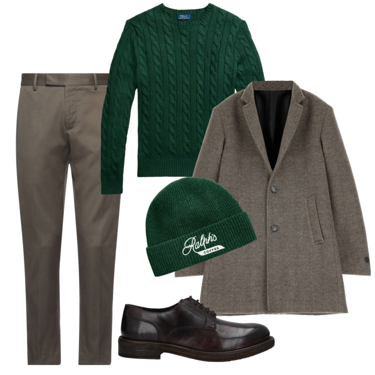Outfit uomo - Dettagli verde bottiglia. Stile Casual per Tutti i giorni. Abbinamento con pantaloni, scarpe stringate, maglieria, berretti, cappotti.