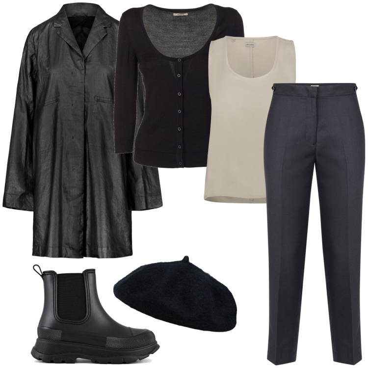 Outfit donna - Antipioggia. Stile Vintage retrò per Ufficio. Abbinamento con cardigans, pantaloni, stivali, top, cappelli e berretti, trench.