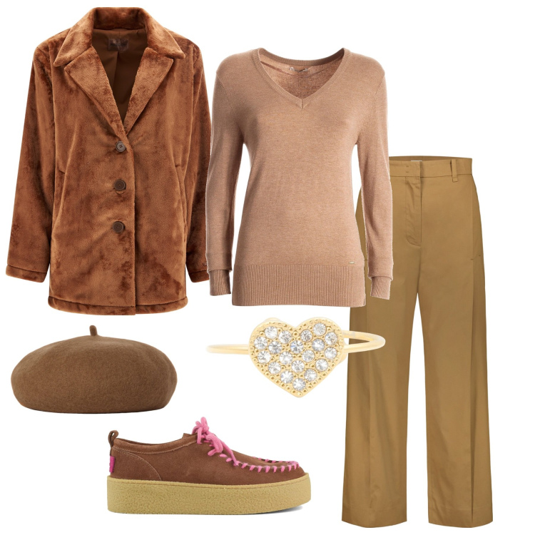 Outfit donna - Cappotto effetto Teddy. Stile 70s per Tutti i giorni. Abbinamento con maglieria, cappotti, anelli, cappelli e berretti, pantaloni, mocassini.