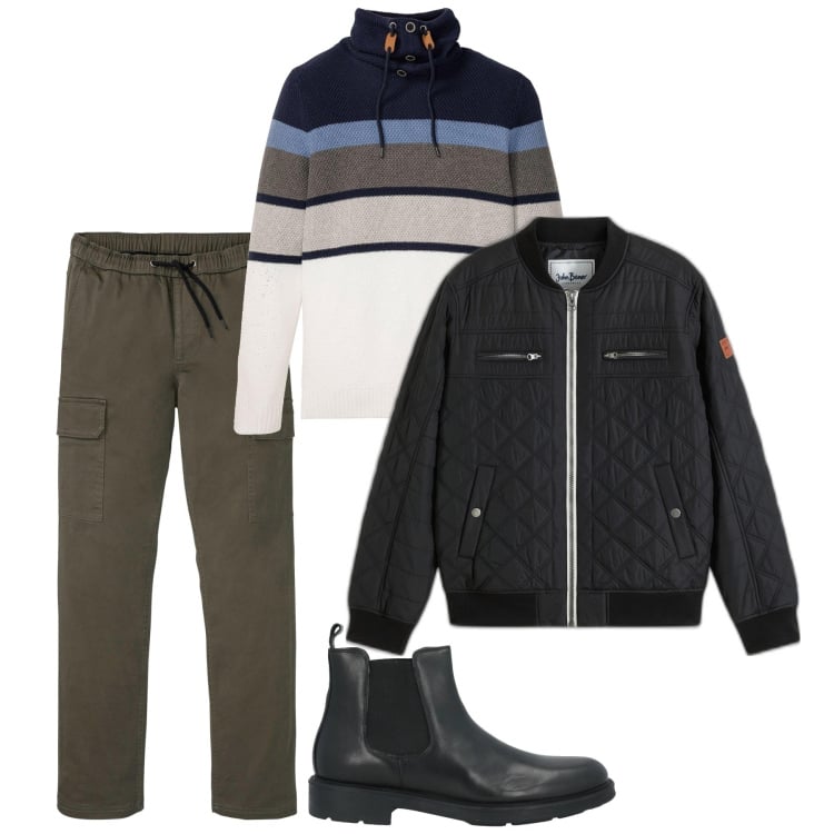 Outfit uomo - Weekend casual. Stile Casual per Tutti i giorni. Abbinamento con maglieria, pantaloni cargo, giacche, stivali e stivaletti.