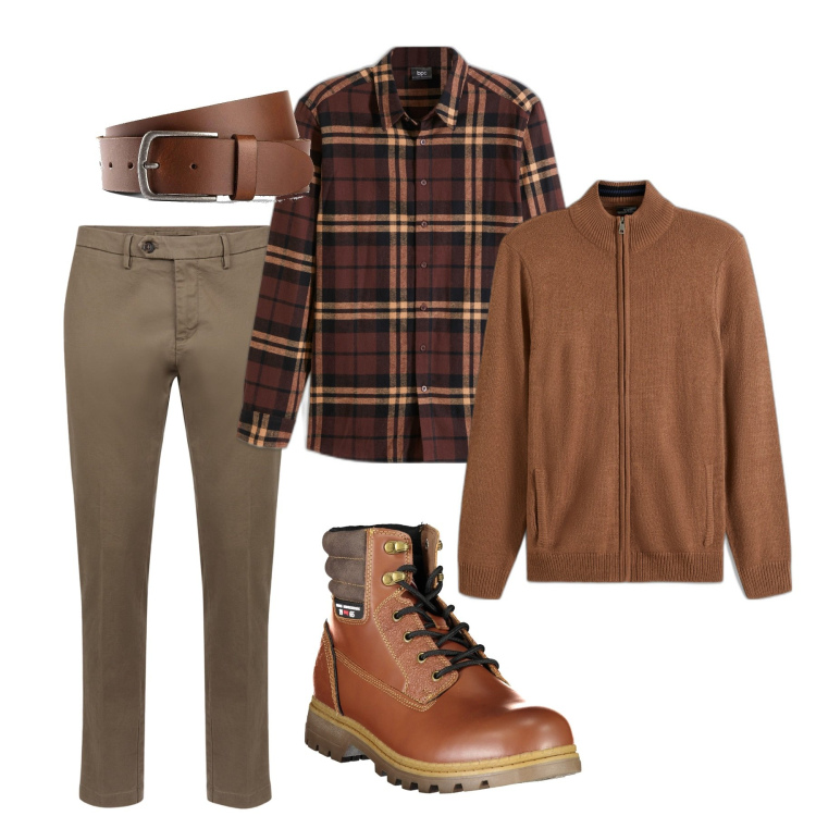 Outfit uomo - Inverno caramello. Stile Casual per Tutti i giorni. Abbinamento con cinture, camicie, cardigans, pantaloni chino, stivali.