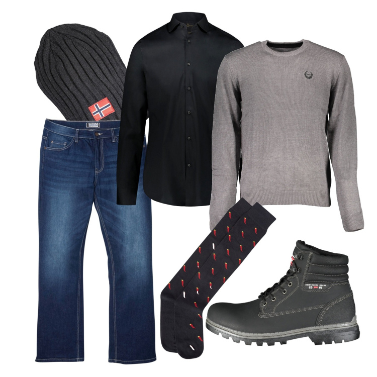 Outfit uomo - Anyway casual. Stile Casual per Tutti i giorni. Abbinamento con jeans bootcut, camicie, maglieria, stivali, berretti, calzini.