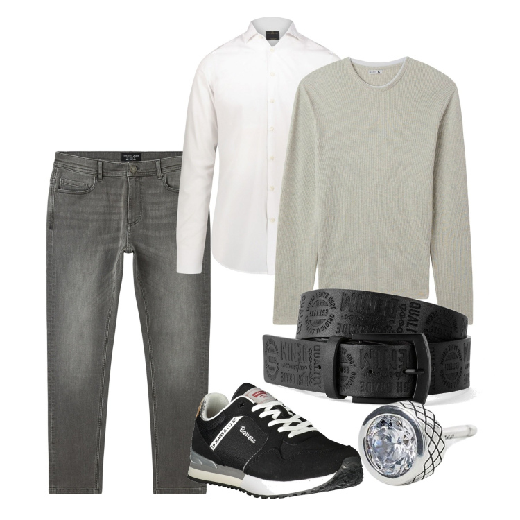 Outfit uomo - Light. Stile Casual per Tutti i giorni. Abbinamento con cinture, maglieria, jeans skinny, orecchini, camicie, sneakers.