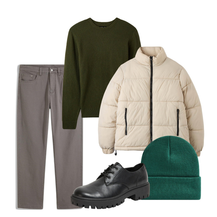 Outfit uomo - Ben caldo. Stile Casual per Tutti i giorni. Abbinamento con pantaloni, maglieria, piumini, scarpe stringate, berretti.