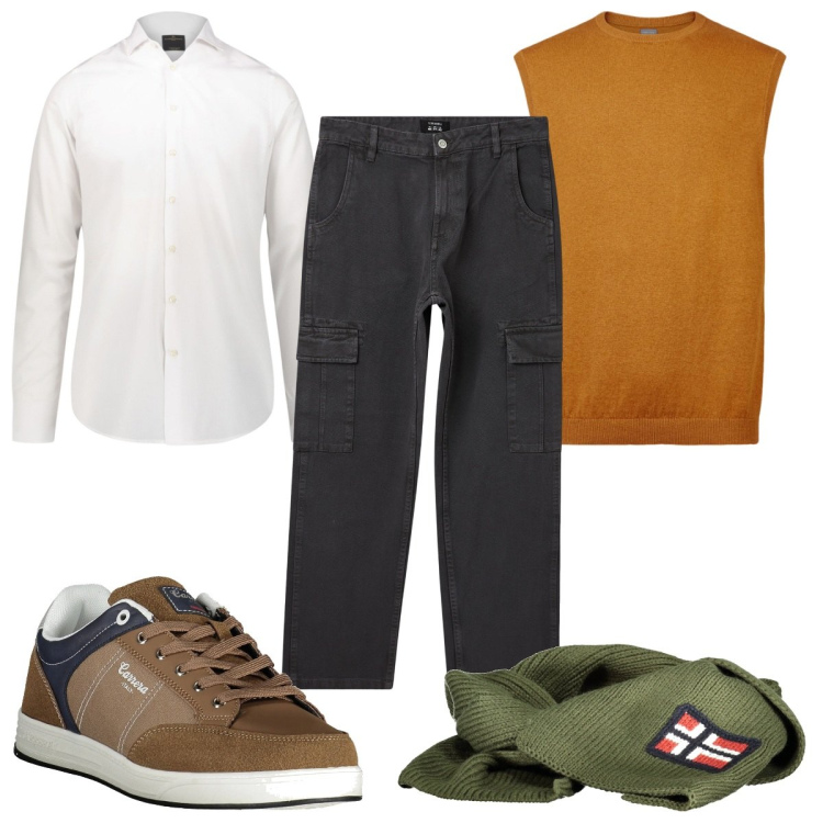 Outfit uomo - Total look #2009022. Stile Casual per Tutti i giorni. Abbinamento con pantaloni cargo, camicie, gilet, sciarpe, sneakers.