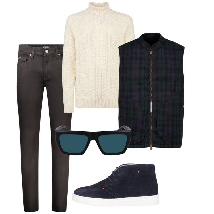Outfit uomo - Minimal. Stile Trendy per Tutti i giorni. Abbinamento con stivali e stivaletti, piumini, maglieria, jeans skinny, occhiali da sole.