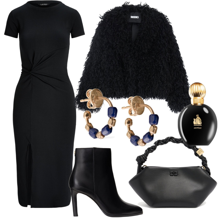 Outfit donna - Chic in black. Stile Bon Ton per Serata fuori. Abbinamento con profumi, blazer, vestiti, stivaletti, orecchini, borse a mano.