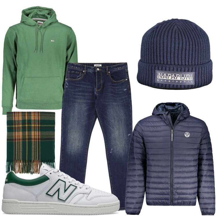 Outfit uomo - Verde e blu. Stile Urban per Tutti i giorni. Abbinamento con sneakers, jeans slim fit, sciarpe, felpe con cappuccio, giacche, berretti.