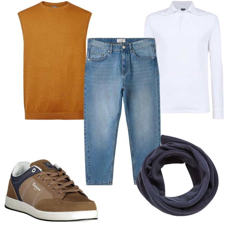 Outfit uomo - Total look #2009085. Stile Casual per Tutti i giorni. Abbinamento con jeans, sciarpe, gilet, polo, sneakers.