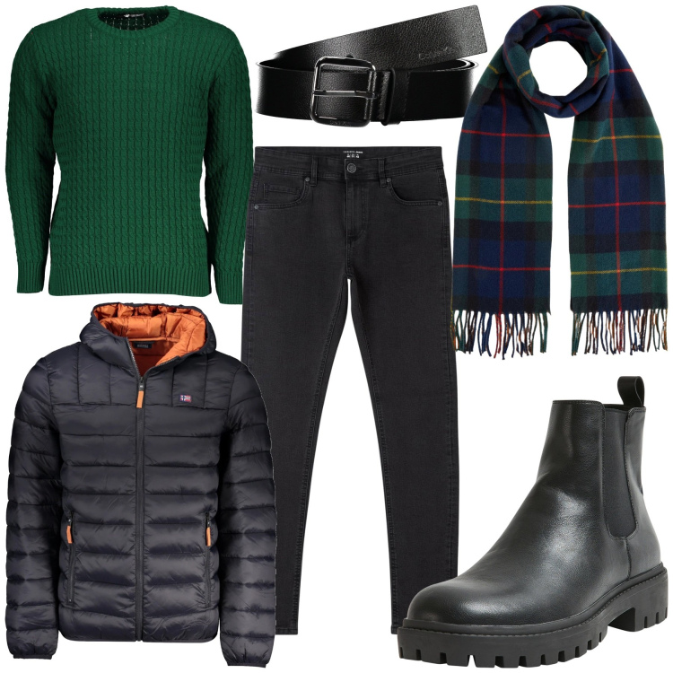 Outfit uomo - Dettagli verdi. Stile Casual per Tutti i giorni. Abbinamento con jeans skinny, stivali e stivaletti, maglieria, giacche, cinture, sciarpe.