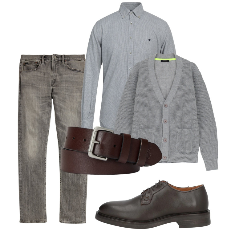 Outfit uomo - Grey and brown. Stile Casual per Tutti i giorni. Abbinamento con camicie, scarpe stringate, cardigans, cinture, jeans.