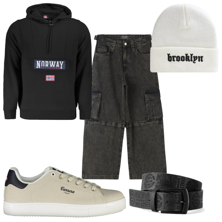 Outfit uomo - Total look #2009104. Stile Trendy per Tutti i giorni. Abbinamento con cinture, jeans, berretti, felpe con cappuccio, sneakers.