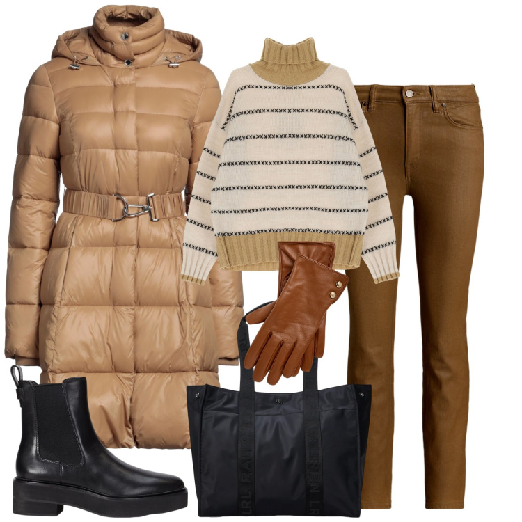 Outfit donna - City. Stile Urban per Tutti i giorni. Abbinamento con piumini, maglieria, guanti, stivaletti chelsea, borse tote, jeans dritti.