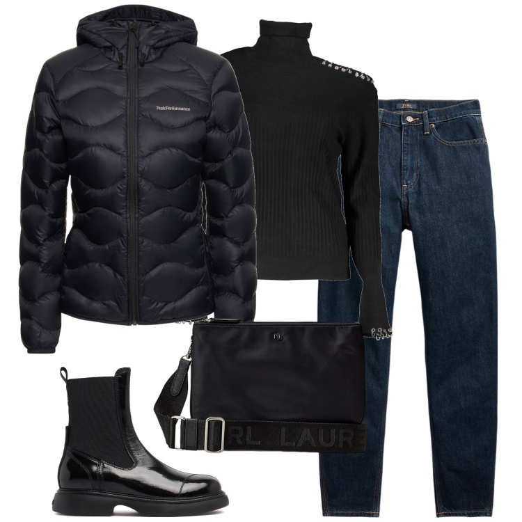 Outfit donna - City. Stile Urban per Tutti i giorni. Abbinamento con borse a tracolla, jeans, stivaletti chelsea, maglieria, piumini.
