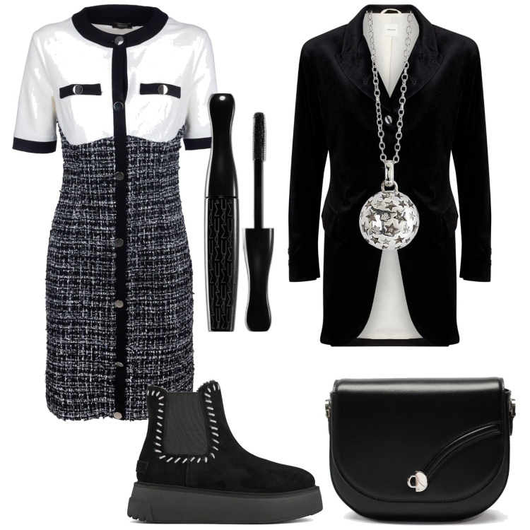 Outfit donna - (quasi) total black. Stile Trendy per Tutti i giorni. Abbinamento con mascara, ciondoli, vestiti, blazer, borse a tracolla, stivaletti.