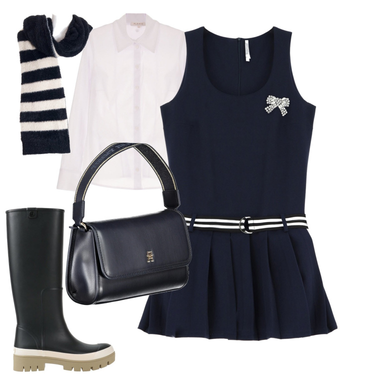 Outfit donna - Bijou. Stile Preppy per Tutti i giorni. Abbinamento con stivali di gomma, camicie, vestiti corti, sciarpe, borse a spalla.