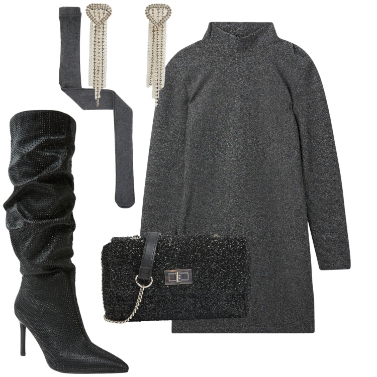 Outfit donna - Terranova sera. Stile Trendy per Serata fuori. Abbinamento con vestiti corti, borse a tracolla, stivali, orecchini, collant.