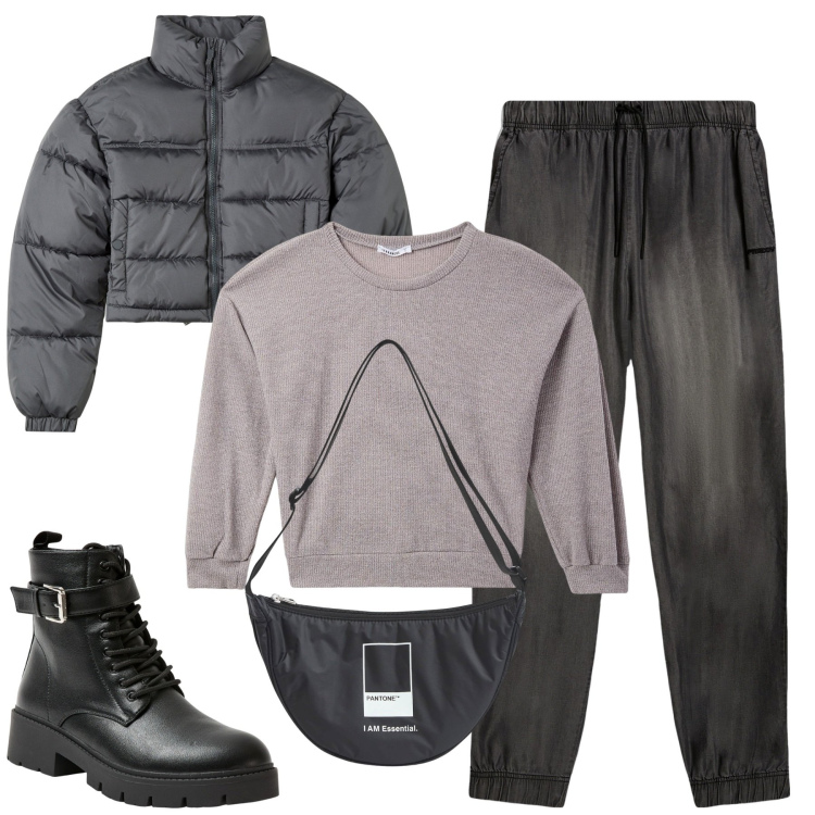 Outfit donna - Total look #2009170. Stile Casual per Tutti i giorni. Abbinamento con marsupi, anfibi, blazer, maglieria, jeans.