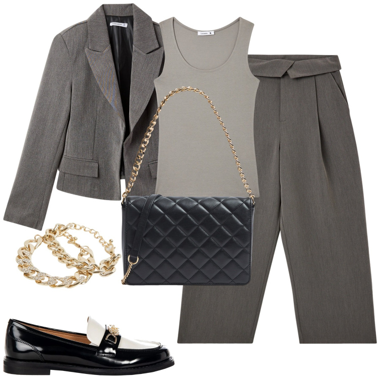 Outfit donna - Chiccosa. Stile Urban per Tutti i giorni. Abbinamento con pantaloni, blazer, borse a tracolla, canottiere, braccialetti, mocassini.