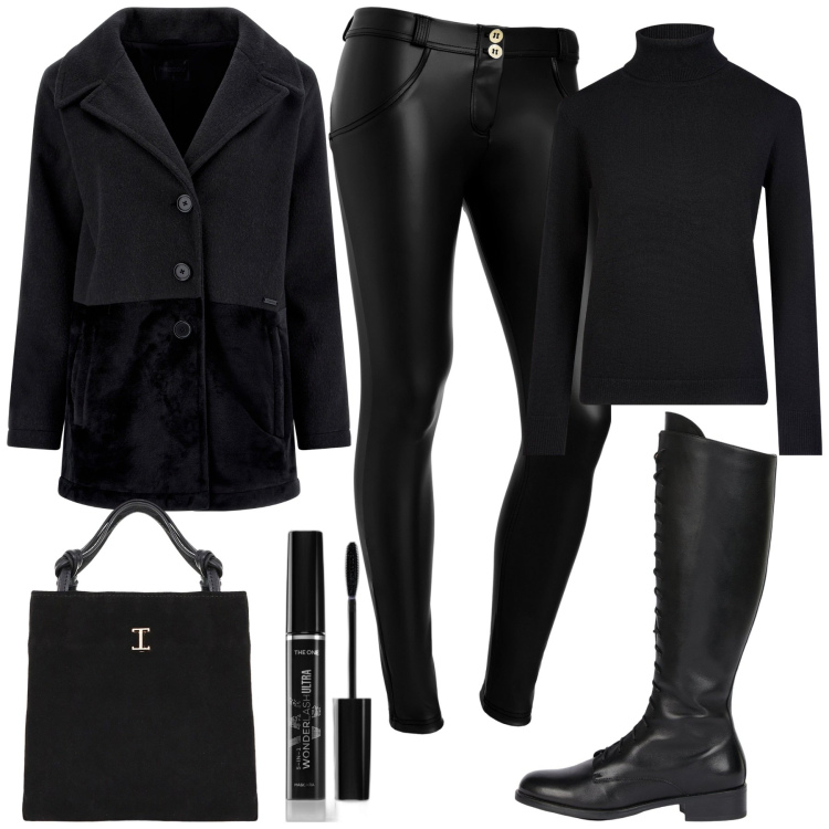 Outfit donna - Total black a Novembre. Stile Rock per Tutti i giorni. Abbinamento con mascara, shopping bag, cappotti, pantaloni skinny, maglieria, stivali.
