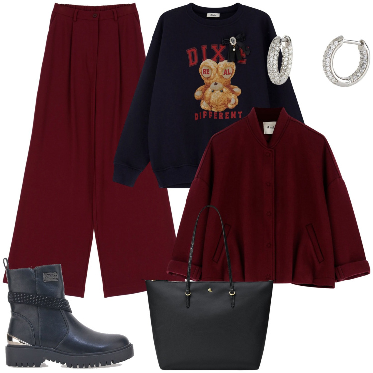 Outfit donna - Urban edit. Stile Sporty chic per Tutti i giorni. Abbinamento con orecchini, pantaloni a palazzo, felpe, bomber, borse tote, stivaletti.