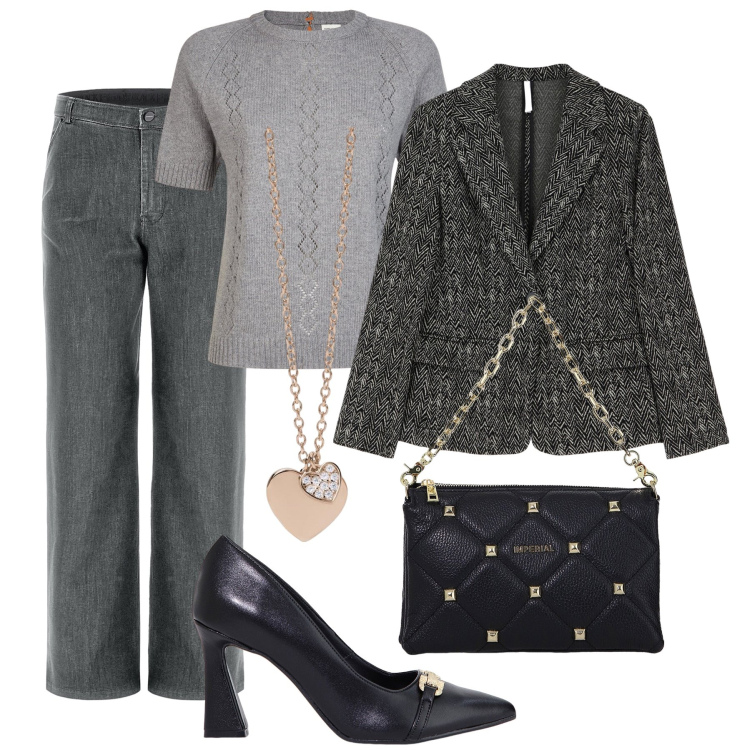 Outfit donna - Jeans e tacchi a cena con le amiche. Stile Casual chic per Serata fuori. Abbinamento con ciondoli, blazer, stivaletti, borse a spalla, jeans, maglieria.