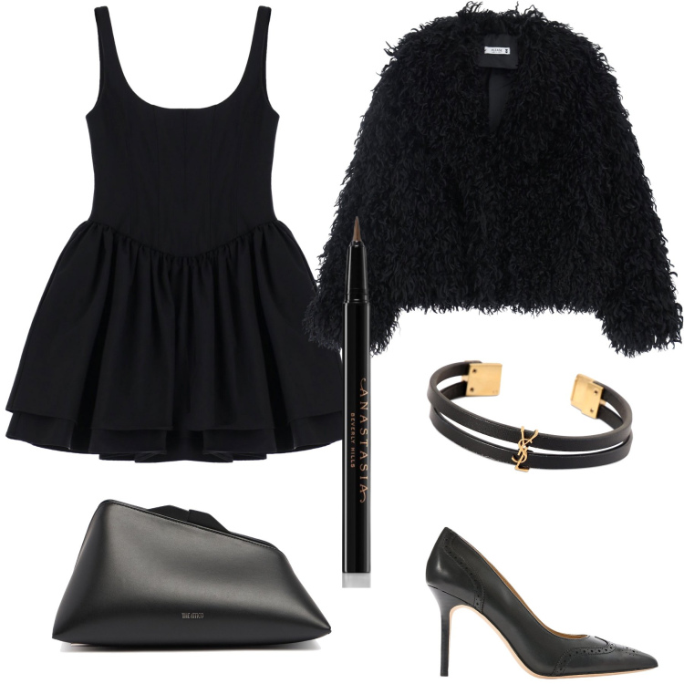 Outfit donna - Romantic black. Stile Romantica per Serata fuori. Abbinamento con eyeliner, blazer, vestiti corti, décolleté, pochette, braccialetti.