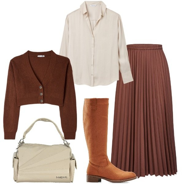 Outfit donna - Mille pieghe. Stile Bon Ton per Ufficio. Abbinamento con stivali, cardigans, camicie, borse a spalla, minigonne.
