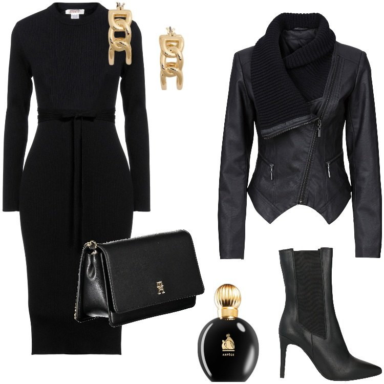 Outfit donna - Total look #2009359. Stile Rock per Serata fuori. Abbinamento con blazer, vestiti midi/longuette, stivaletti chelsea, profumi, orecchini, borse a tracolla.
