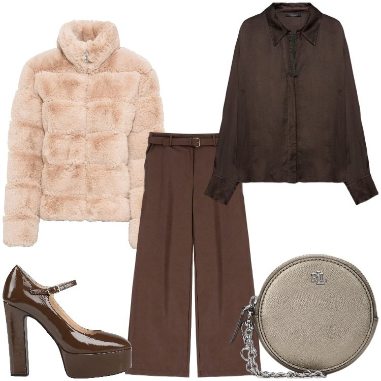 Outfit donna - Serata in marrone. Stile Chic per Serata fuori. Abbinamento con ecopellicce, décolleté, pantaloni, pochette, camicie.