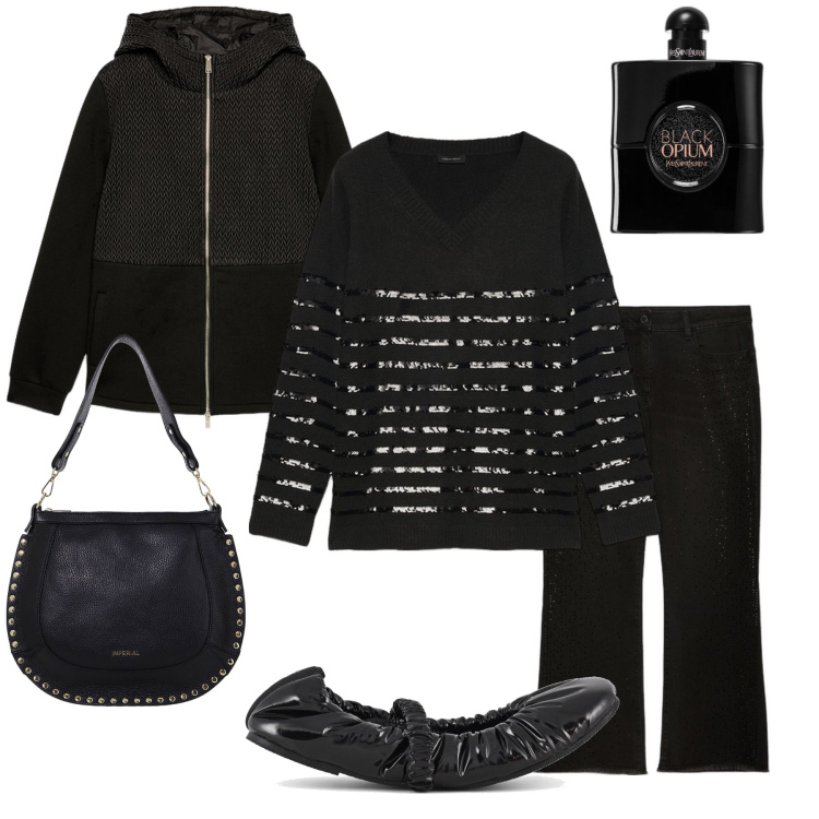Outfit donna - Total black curvy. Stile Basic per Serata fuori. Abbinamento con profumi, borse a spalla, maglieria, blazer, jeans a zampa, ballerine.