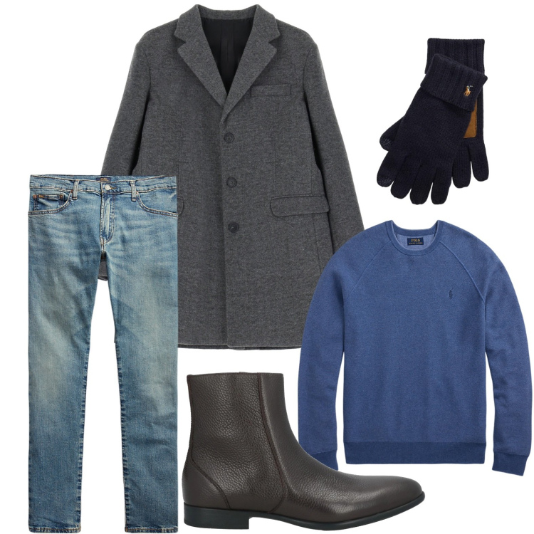 Outfit uomo - Minimal. Stile Trendy per Ufficio. Abbinamento con stivali e stivaletti, cappotti, jeans, guanti, maglieria.