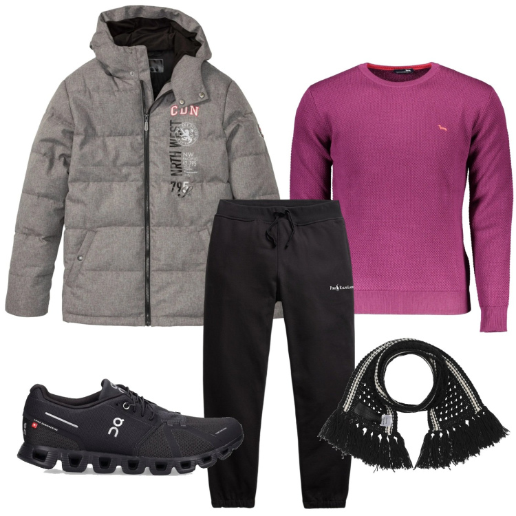 Outfit uomo - Sportivo nel weekend. Stile Urban per Tutti i giorni. Abbinamento con giacche, sciarpe, pantaloni, maglieria, sneakers.