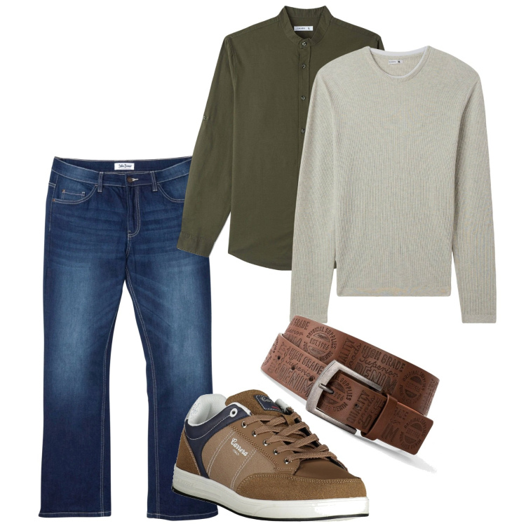 Outfit uomo - Ecrù e denim. Stile Casual per Tutti i giorni. Abbinamento con cinture, jeans bootcut, camicie, maglieria, sneakers.
