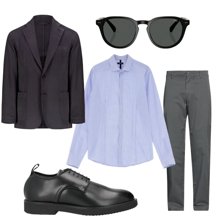 Outfit uomo - Elegante grey. Stile Trendy per Tutti i giorni. Abbinamento con pantaloni, scarpe stringate, camicie, occhiali da sole, giacche.