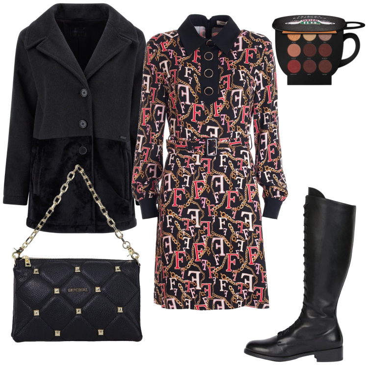 Outfit donna - Cena con le amiche. Stile Chic per Serata fuori. Abbinamento con blush, vestiti, borse a spalla, cappotti, stivali.