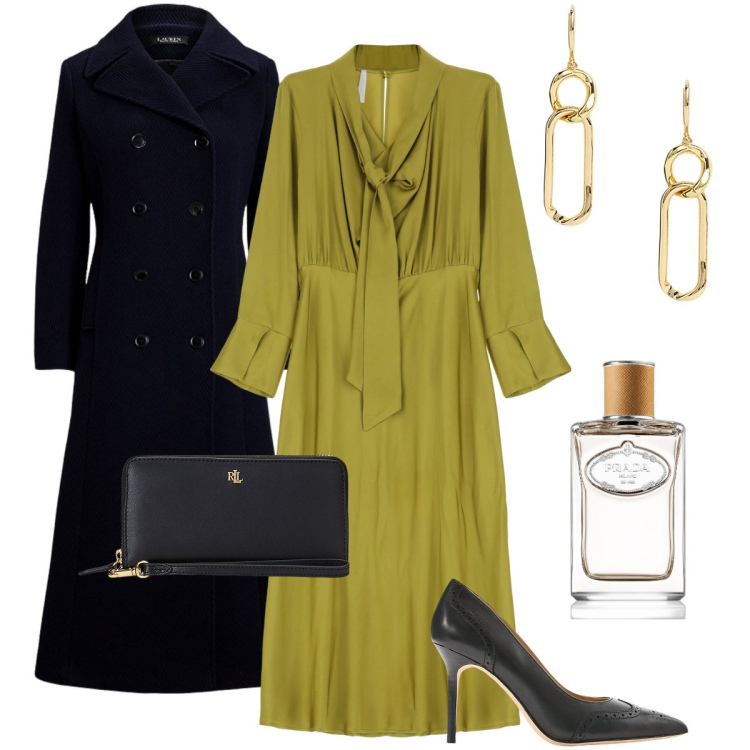 Outfit donna - Il classico cappotto nero. Stile Chic per Serata fuori. Abbinamento con profumi, vestiti midi/longuette, cappotti, pochette, décolleté, orecchini.