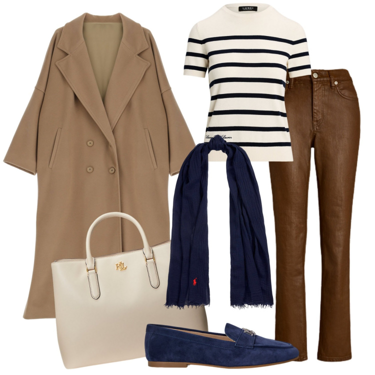 Outfit donna - Il classico camel coat. Stile Casual chic per Tutti i giorni. Abbinamento con cappotti, sciarpe, borse a mano, jeans dritti, mocassini, maglieria.