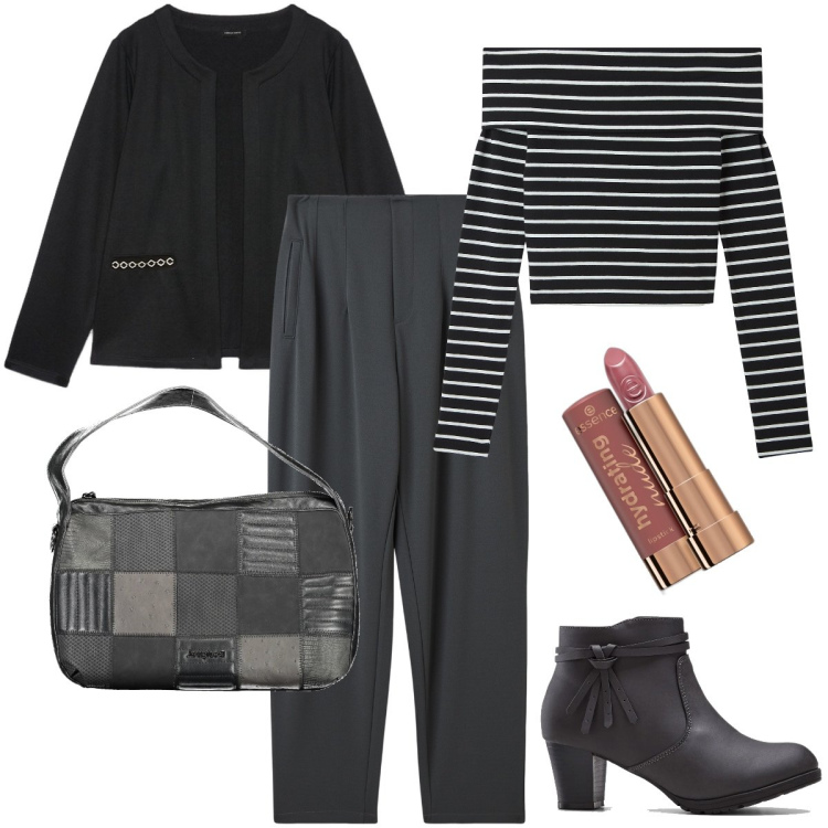 Outfit donna - La maglia a righe. Stile Bon Ton per Ufficio. Abbinamento con stivaletti, rossetti, pantaloni chino, t-shirt, borse a spalla, blazer.